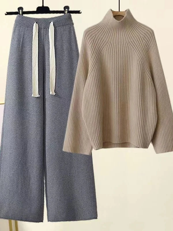 Women's ribbed turtleneck sweater and wide leg trouser set