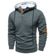 Men's textured hooded pullover with button placket and contrasting elbow panels