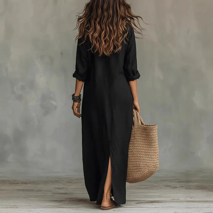 Women's maxi dress with collar and three-quarter sleeves, shown in white and black