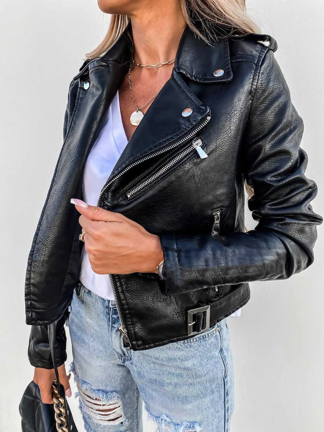 Women's cropped biker jacket with angled zip, belt and multiple pockets