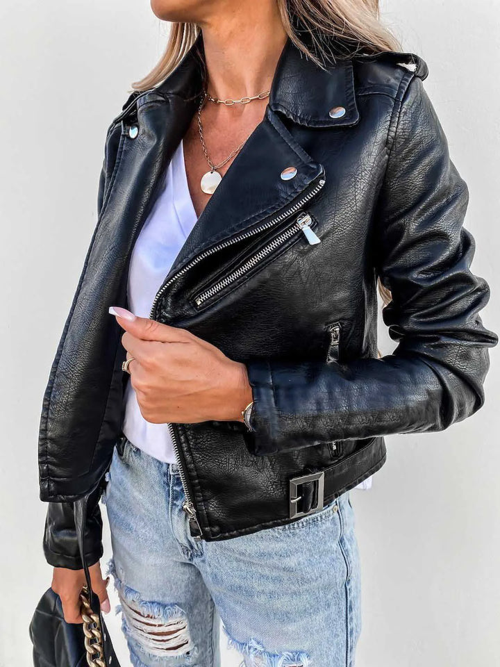 Women's cropped biker jacket with angled zip, belt and multiple pockets
