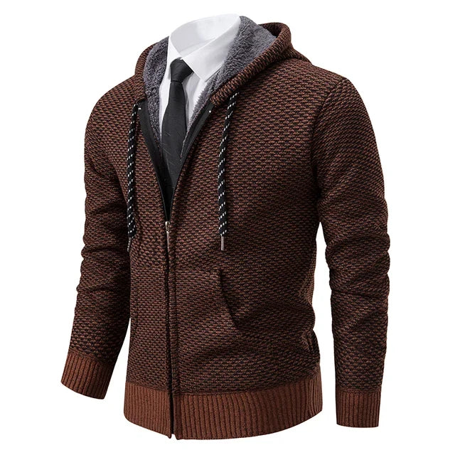 Men's textured full-zip hoodie with hood, drawcords, front pockets and ribbed trims