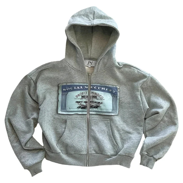 Grey unisex graphic zip hoodie with hood, front pockets and back lettering