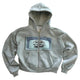 Grey unisex graphic zip hoodie with hood, front pockets and back lettering