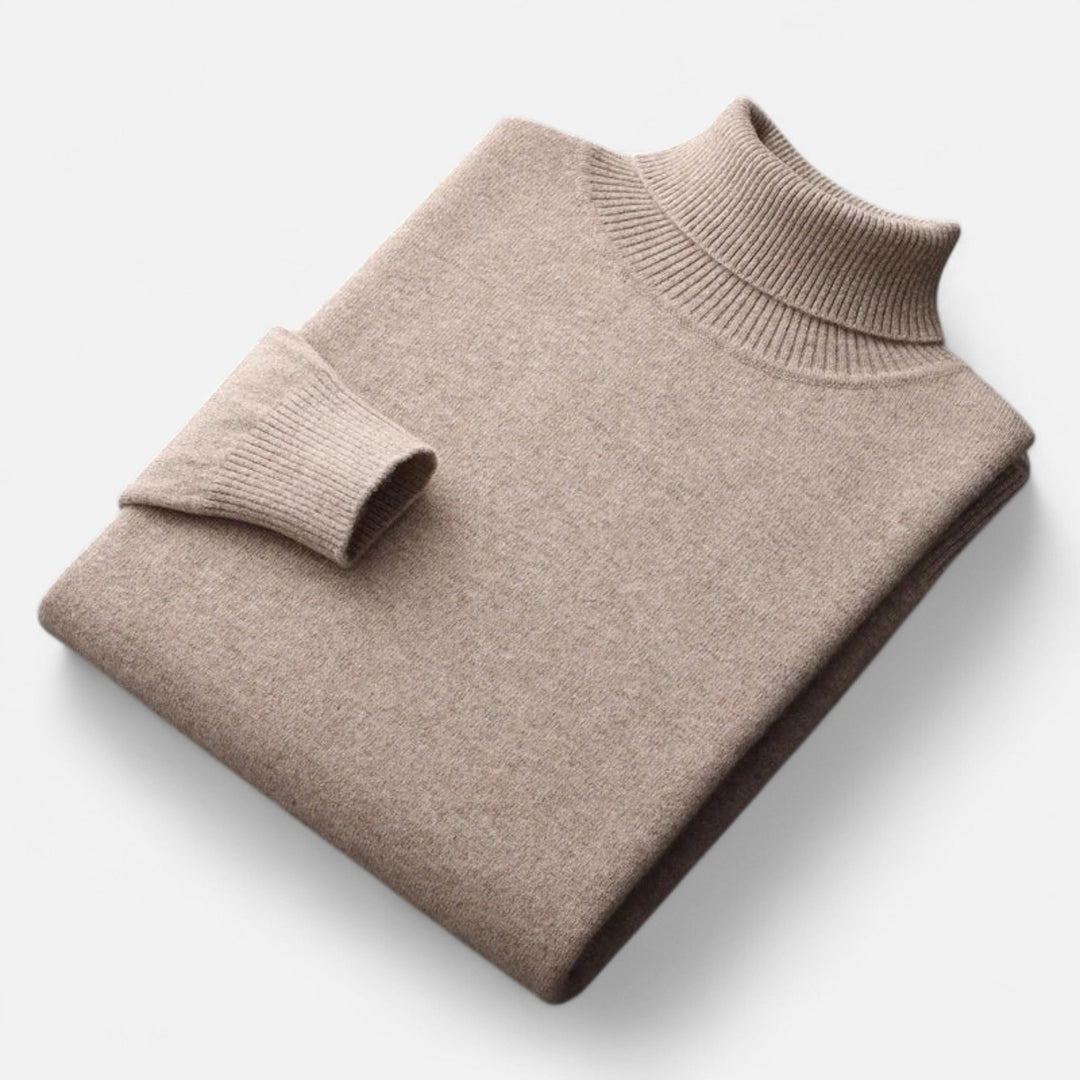 Men's solid turtleneck sweater with long sleeves and ribbed trims