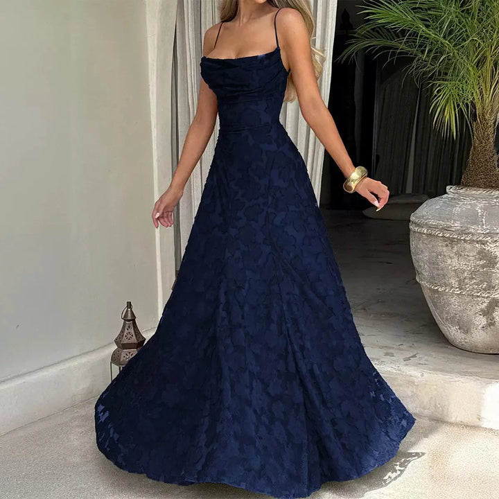 Women's embroidered lace maxi dress with sweetheart neckline and train