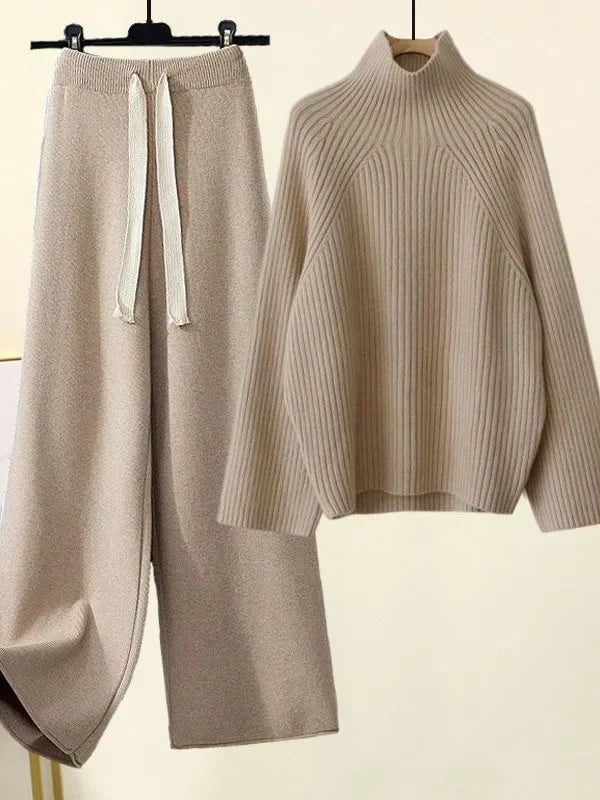 Women's ribbed turtleneck sweater and wide leg trouser set