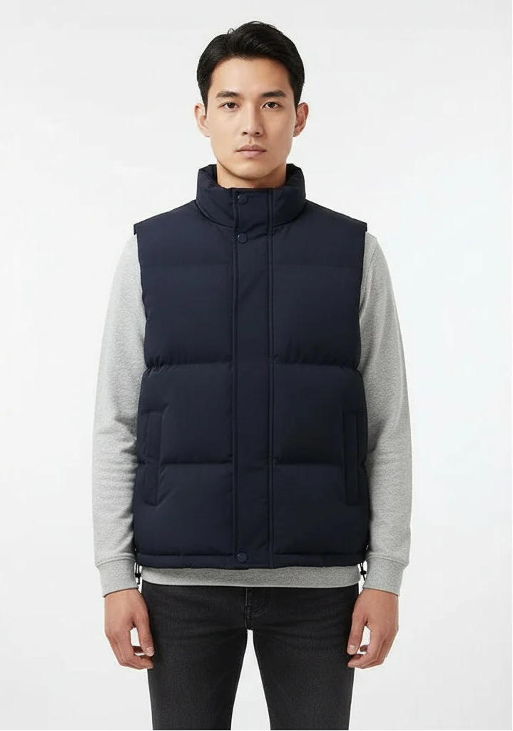 Men's quilted sleeveless padded vest with high collar and zip front