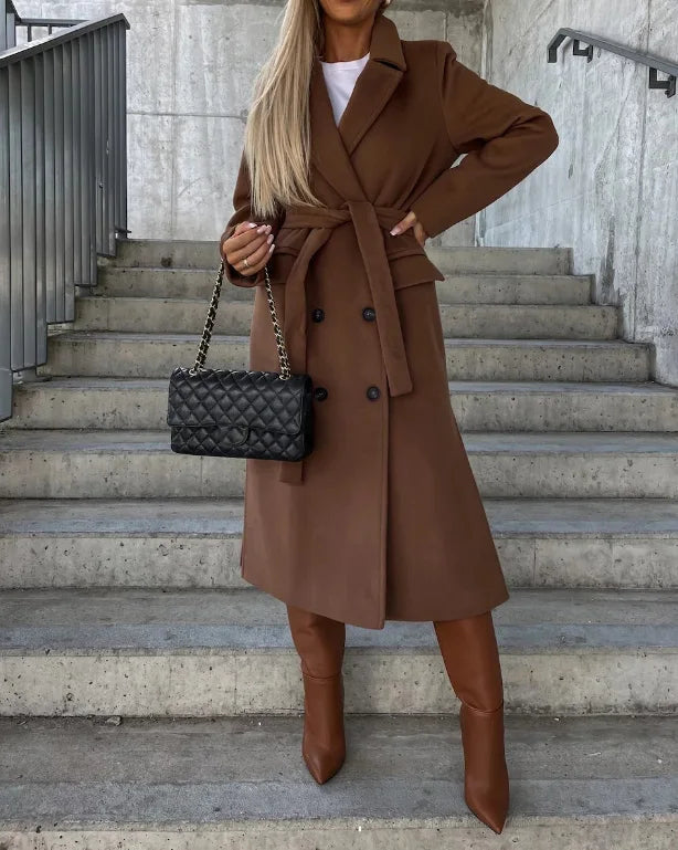 Women's long double-breasted trench coat with belt and lapels