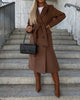Women's long double-breasted trench coat with belt and lapels