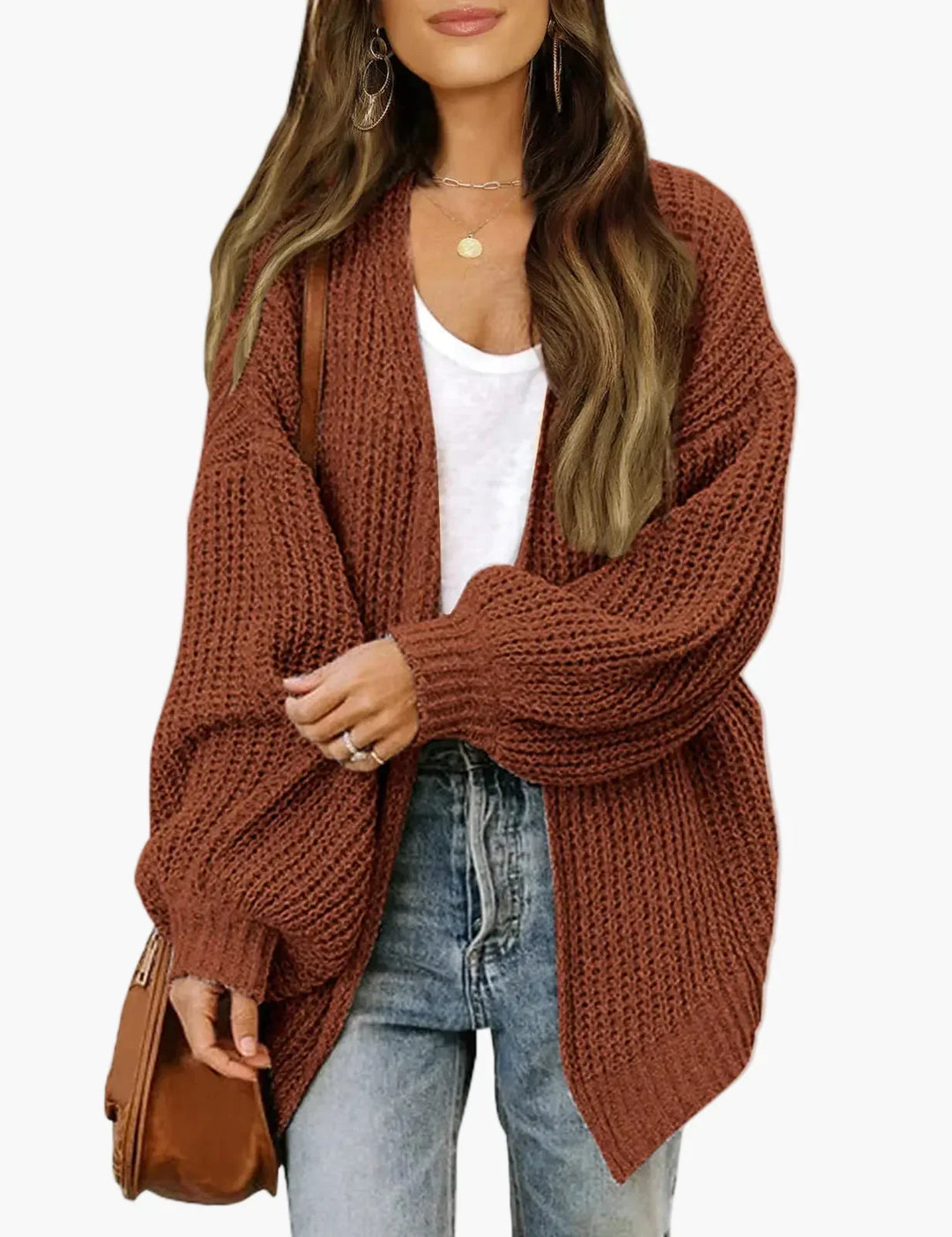 Women's oversized textured knit cardigan with open front and long sleeves