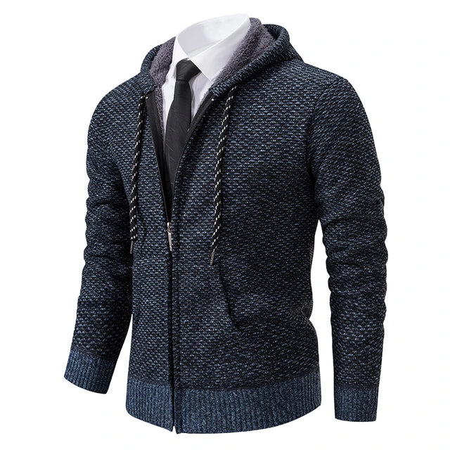 Men's textured full-zip hoodie with hood, drawcords, front pockets and ribbed trims
