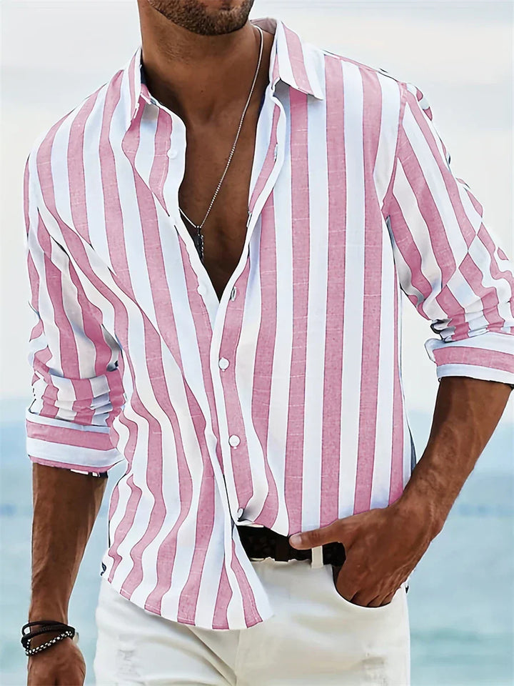 Men's relaxed shirt with vertical blue and white stripes, three-quarter sleeves
