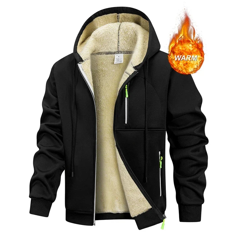 Men's hooded zip-up hoodie with light pile lining and zipped pockets