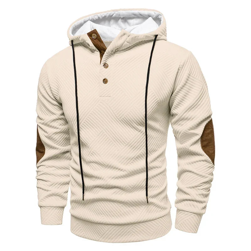 Men's textured hooded pullover with button placket and contrasting elbow panels
