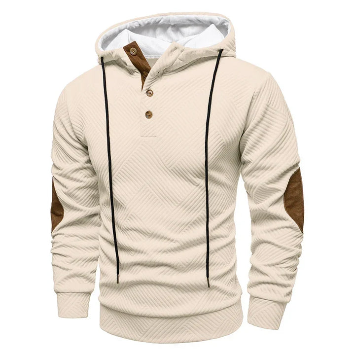 Men's textured hooded pullover with button placket and contrasting elbow panels