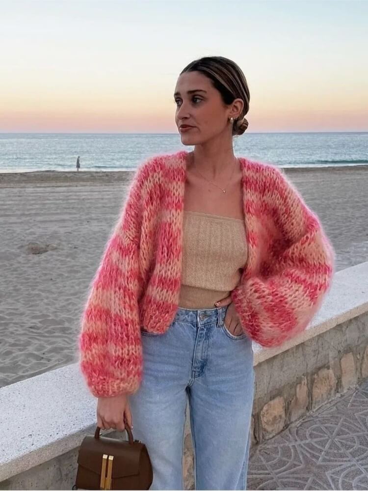 Women's multicolour striped open front knitted cardigan with long balloon sleeves