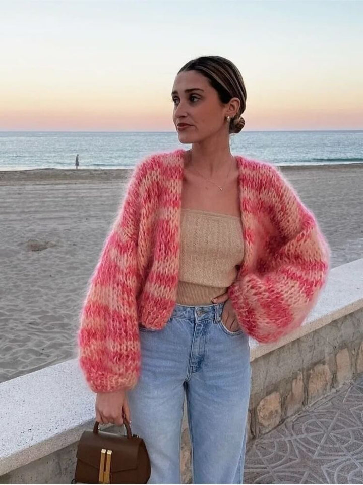 Women's multicolour striped open front knitted cardigan with long balloon sleeves