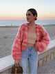 Women's multicolour striped open front knitted cardigan with long balloon sleeves