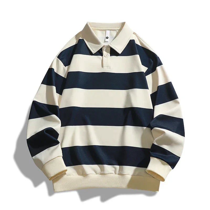 Unisex striped polo sweatshirt with collared neckline and long sleeves