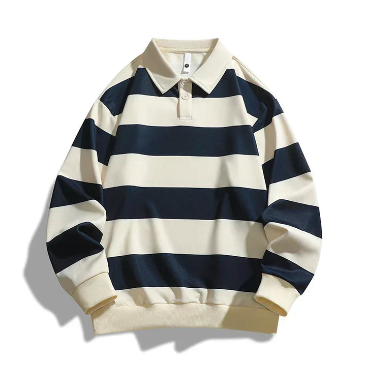Unisex striped polo sweatshirt with collared neckline and long sleeves