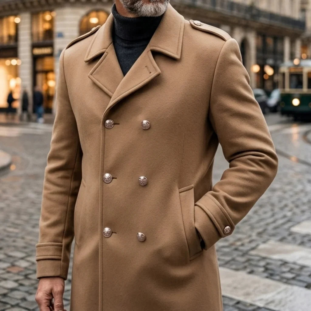 Men's double-breasted winter coat with notched lapels and button details