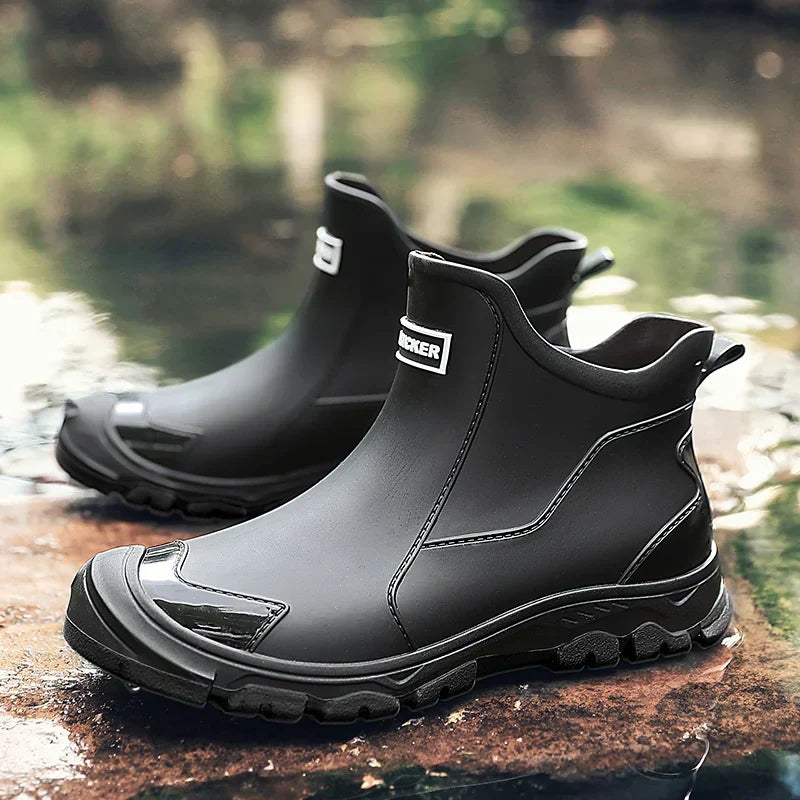 Pull-on terrain ankle boots with stitched panels and chunky textured soles