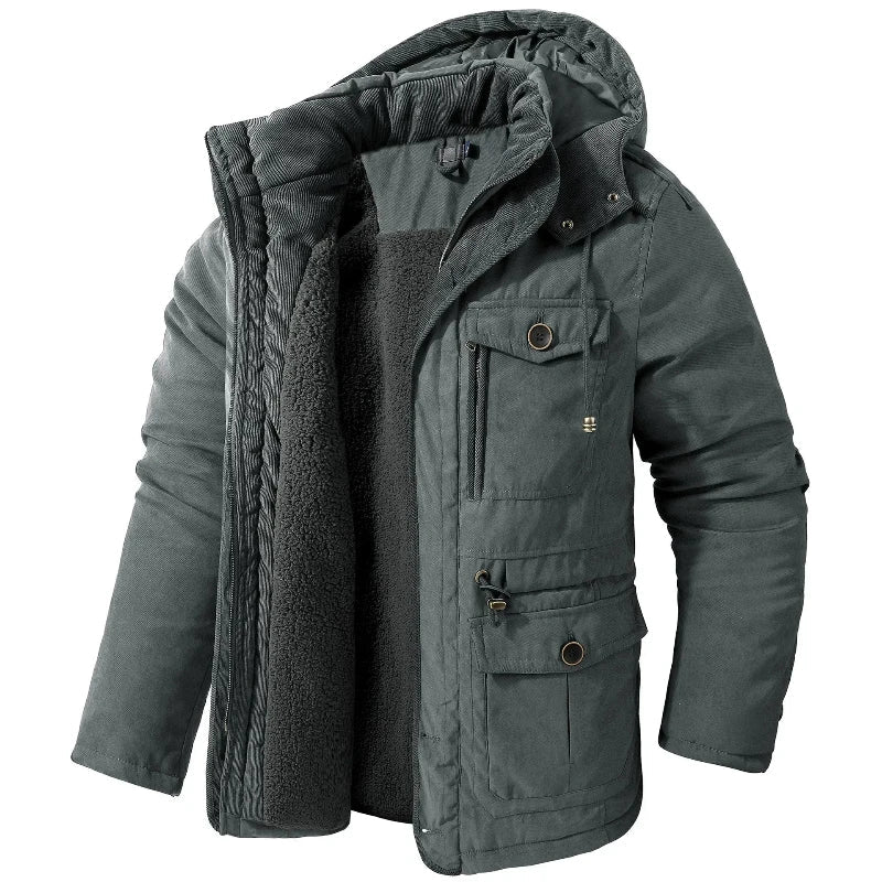 Men's hooded fleece-lined winter parka with utility pockets