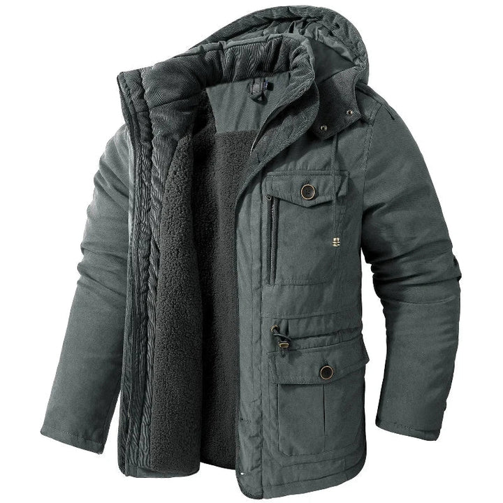 Men's hooded fleece-lined winter parka with utility pockets