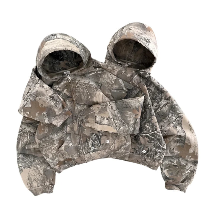 Camouflage hooded pullover with full front zipper and long sleeves
