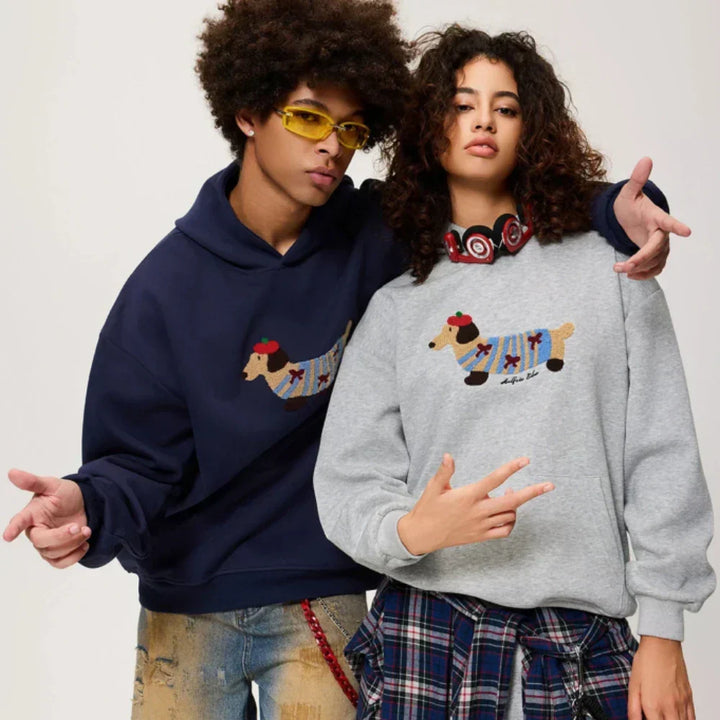 Women's pullover hoodie with dog graphic, hood, long sleeves and kangaroo pocket