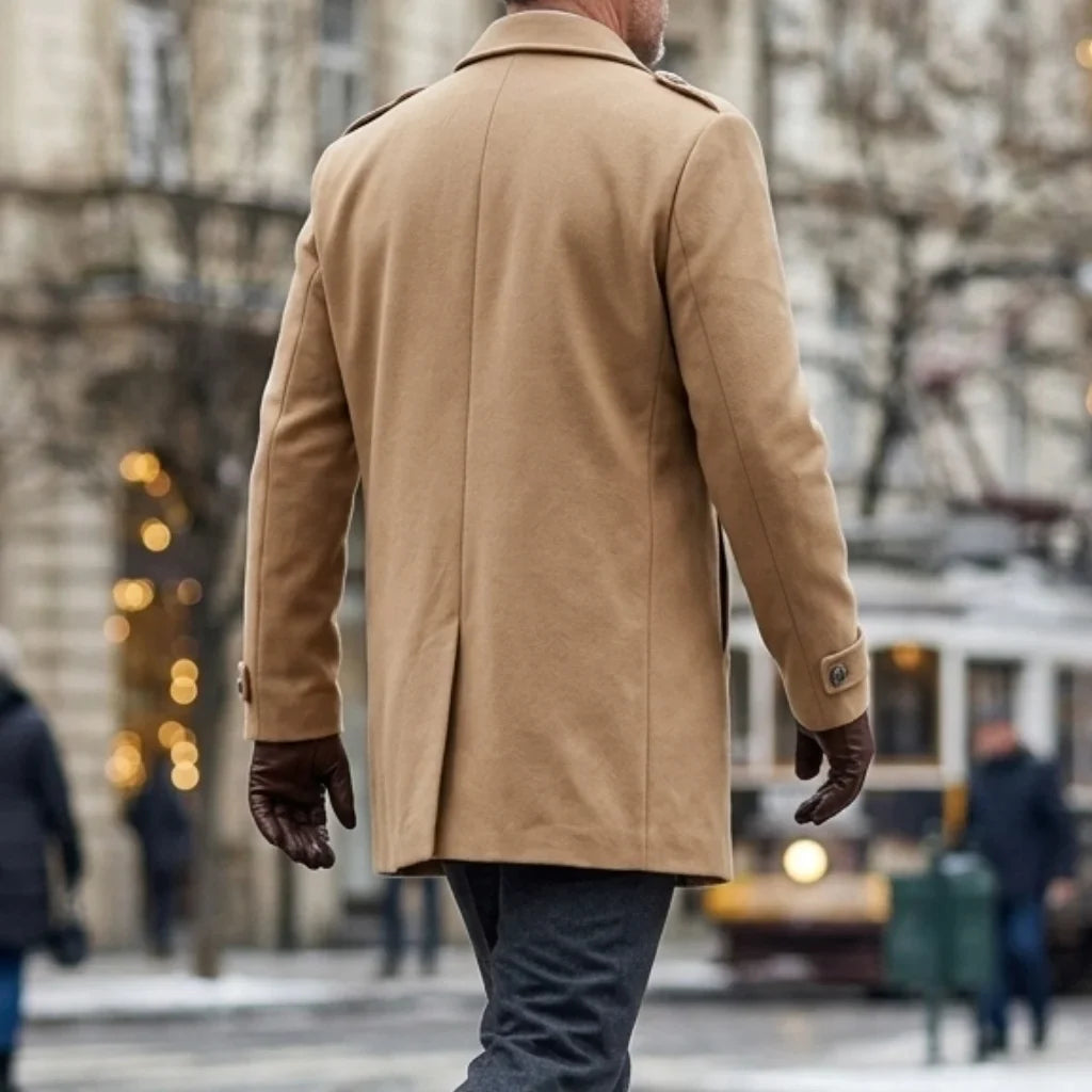 Men's double-breasted winter coat with notched lapels and button details