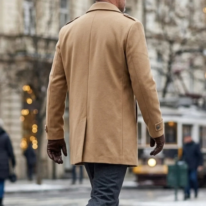 Men's double-breasted winter coat with notched lapels and button details