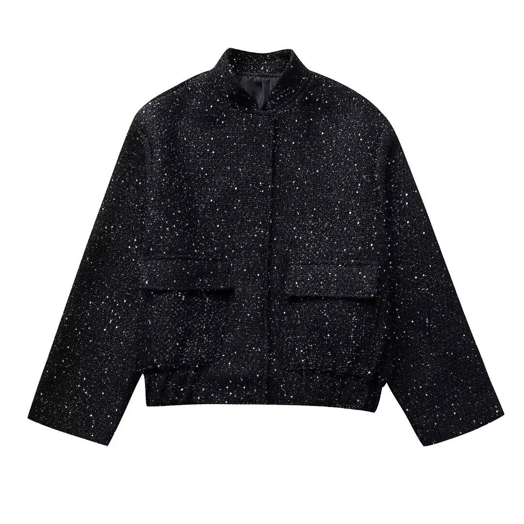 Women's textured metallic jacket with stand collar, long sleeves and front pockets
