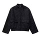 Women's textured metallic jacket with stand collar, long sleeves and front pockets