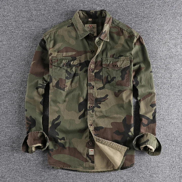 Long-sleeve camouflage button-up shirt with two chest pockets