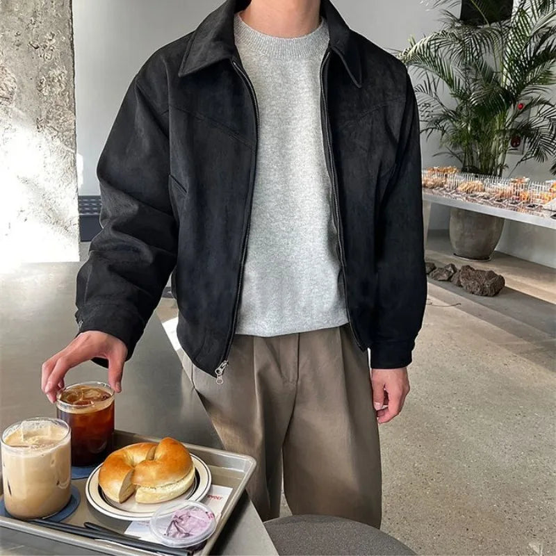 Men's textured zip-front jacket with shirt collar and long sleeves
