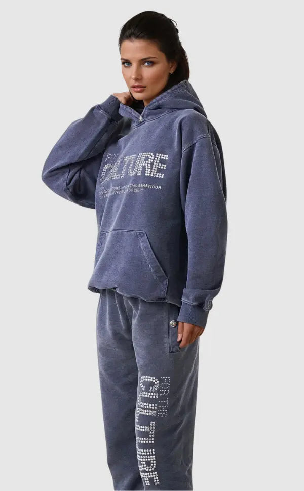 Women's blue graphic hoodie with hood, kangaroo pocket and ribbed trims