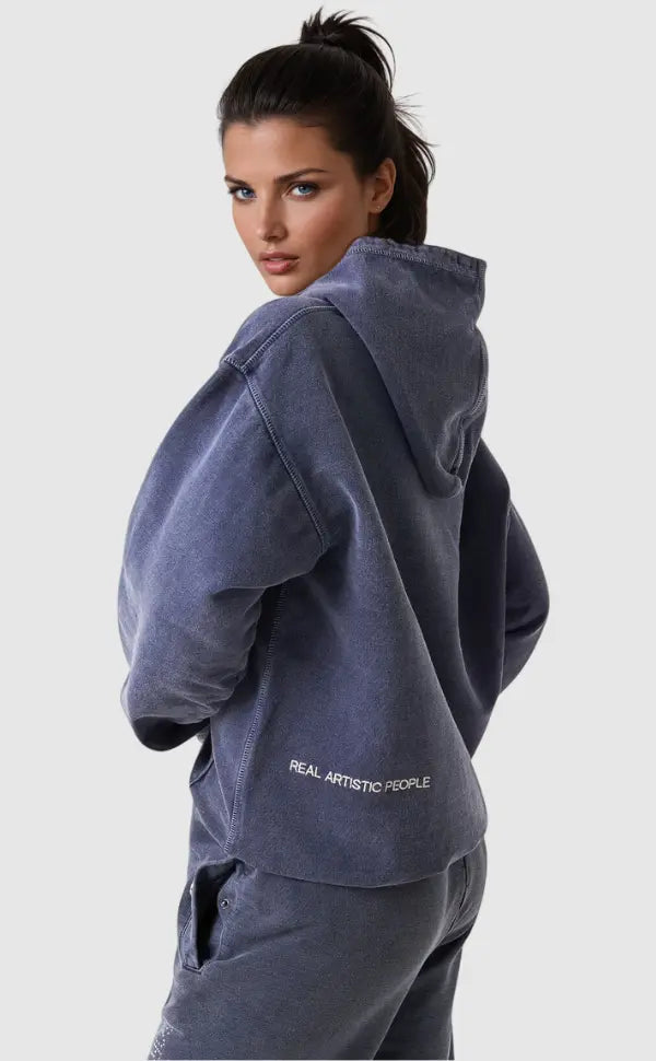 Women's blue graphic hoodie with hood, kangaroo pocket and ribbed trims