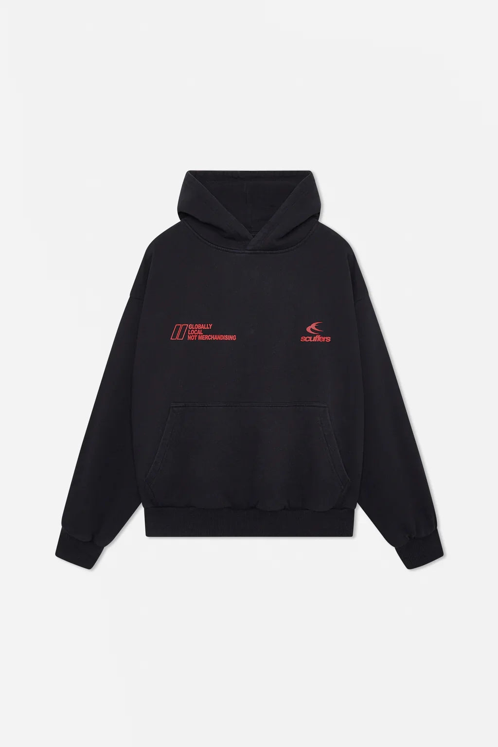 Model wearing an oversized graphic pullover hoodie with hood, long sleeves and kangaroo pocket