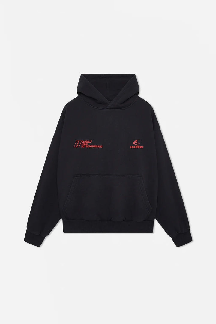Model wearing an oversized graphic pullover hoodie with hood, long sleeves and kangaroo pocket