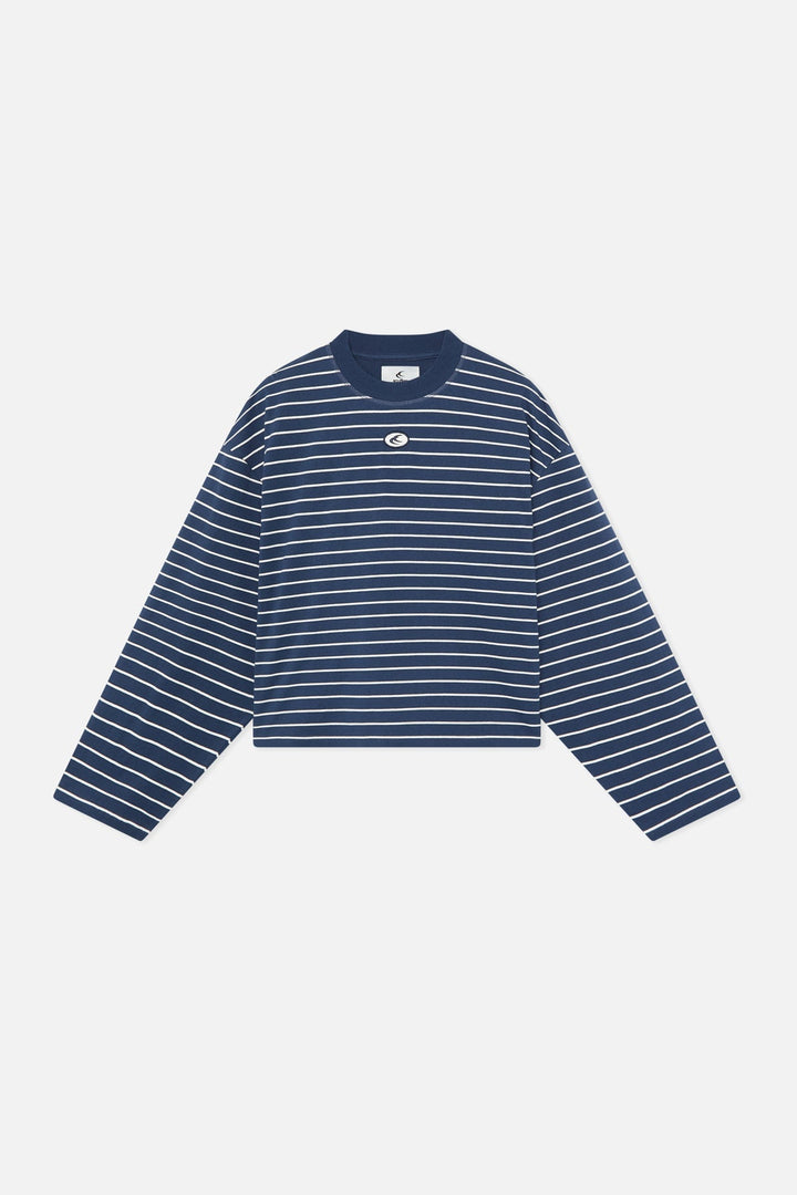 Navy striped long sleeve jumper with crew neck and loose fit