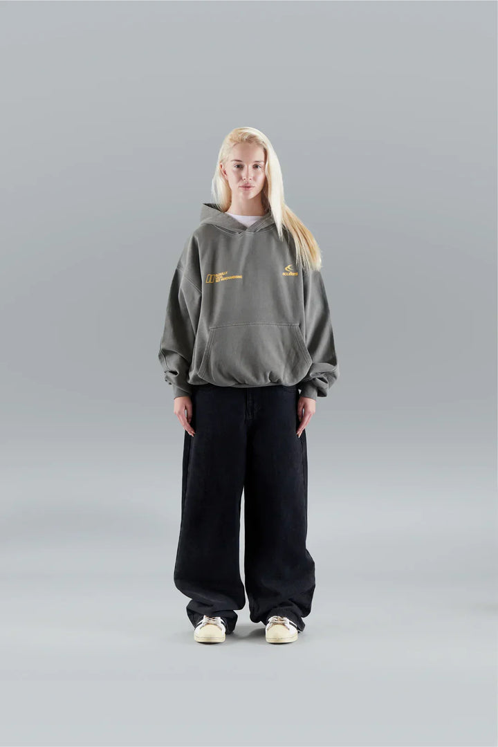 Model wearing an oversized graphic pullover hoodie with hood, long sleeves and kangaroo pocket