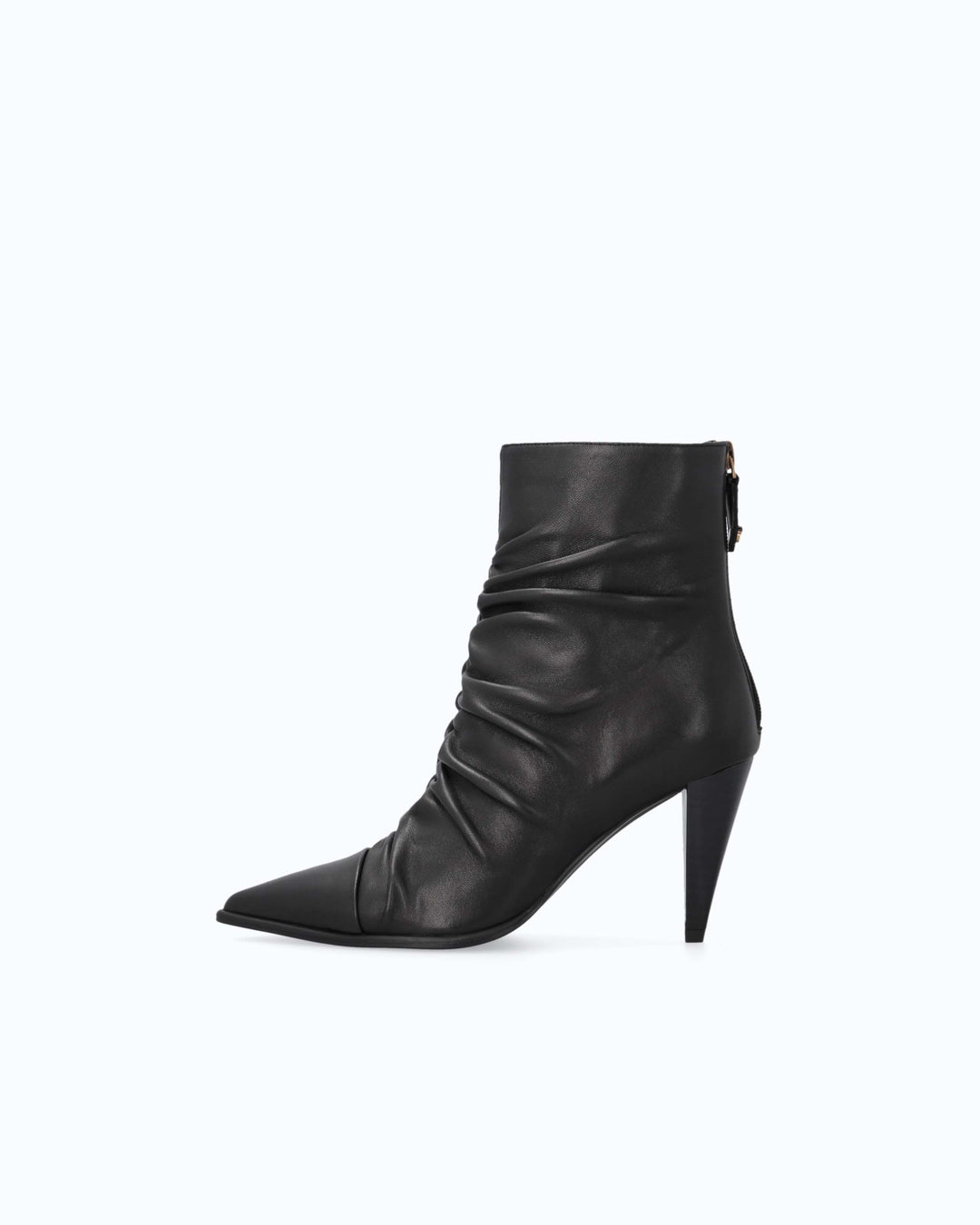 Black ruched ankle boots with pointed toes and high stiletto heels
