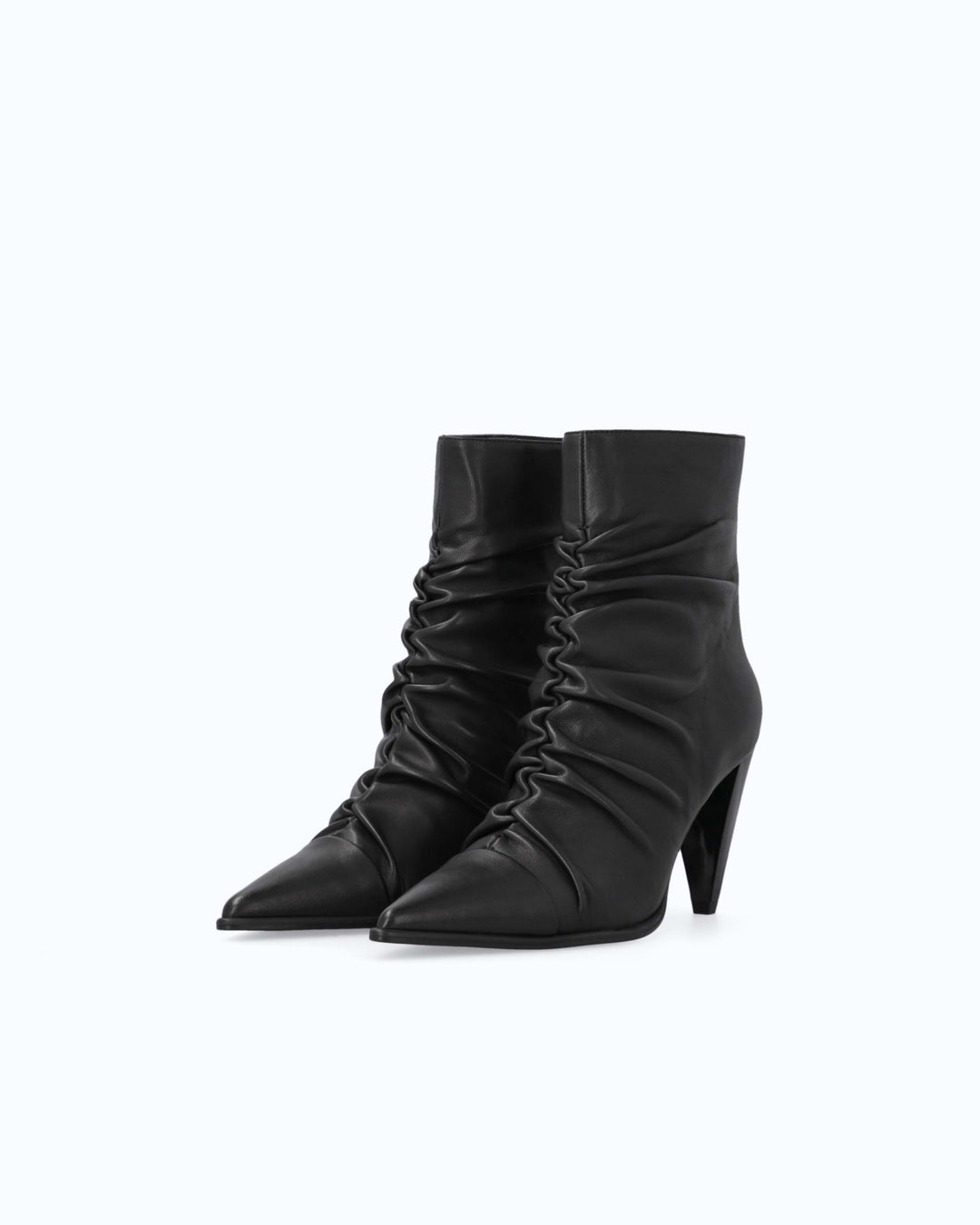Black ruched ankle boots with pointed toes and high stiletto heels