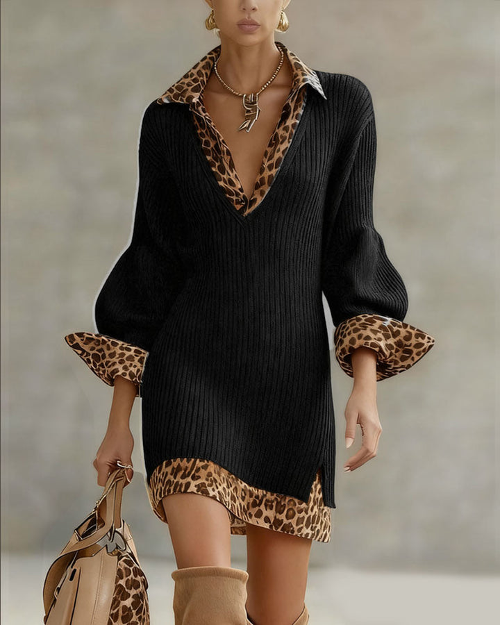 Women's ribbed mini dress with leopard print collar cuffs and hem