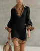 Women's ribbed mini dress with leopard print collar cuffs and hem