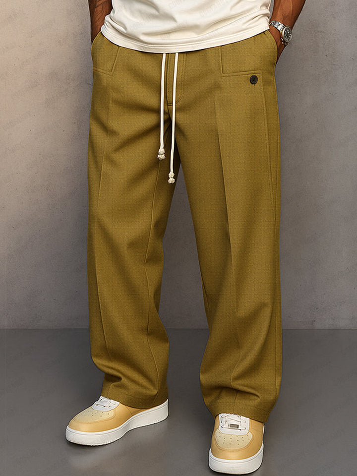 Straight leg drawstring trousers with side pockets and back button pocket