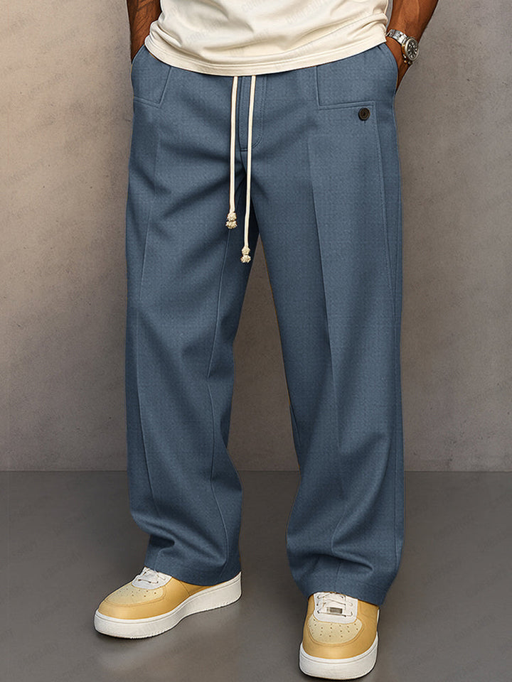 Straight leg drawstring trousers with side pockets and back button pocket