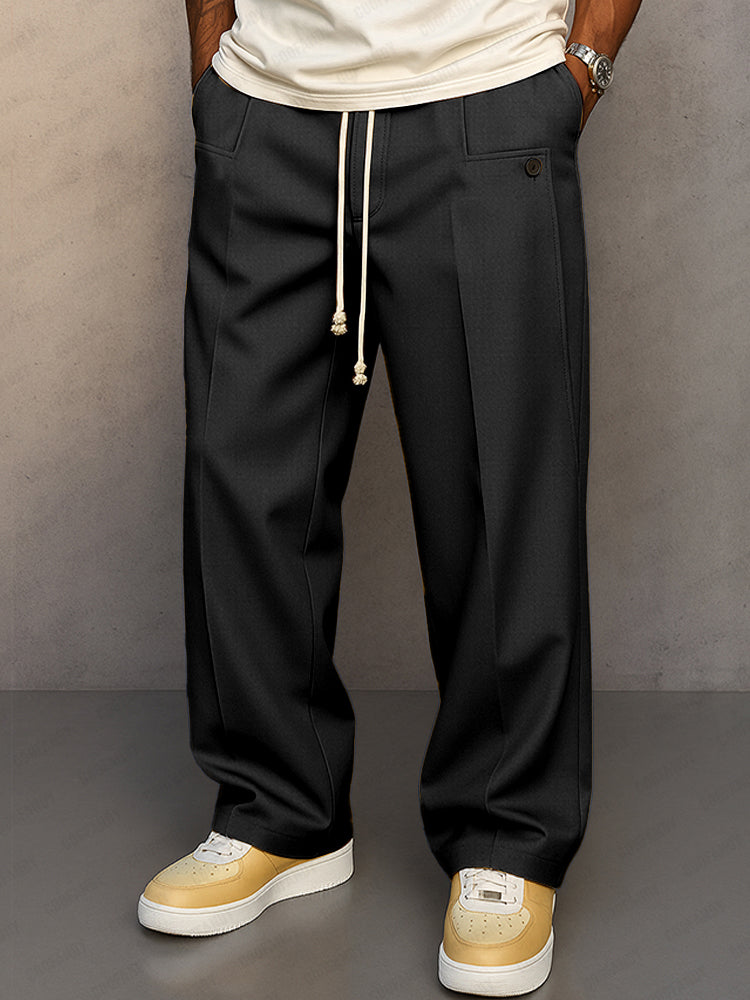 Straight leg drawstring trousers with side pockets and back button pocket